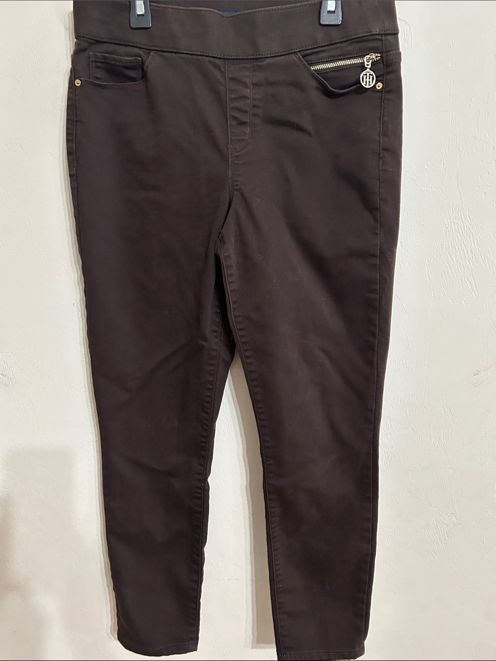 Tommy Hilfiger Dark Brown Pull-On Pants with Gold Zip Accent Size 8